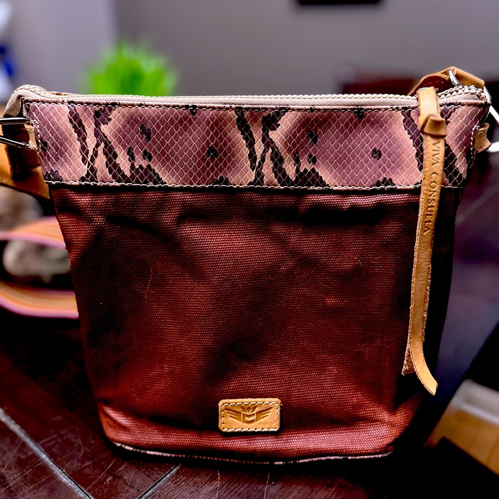 Consuela Diego Hobo Bucket Bag Brown Canvas with Embossed Snakeskin Print